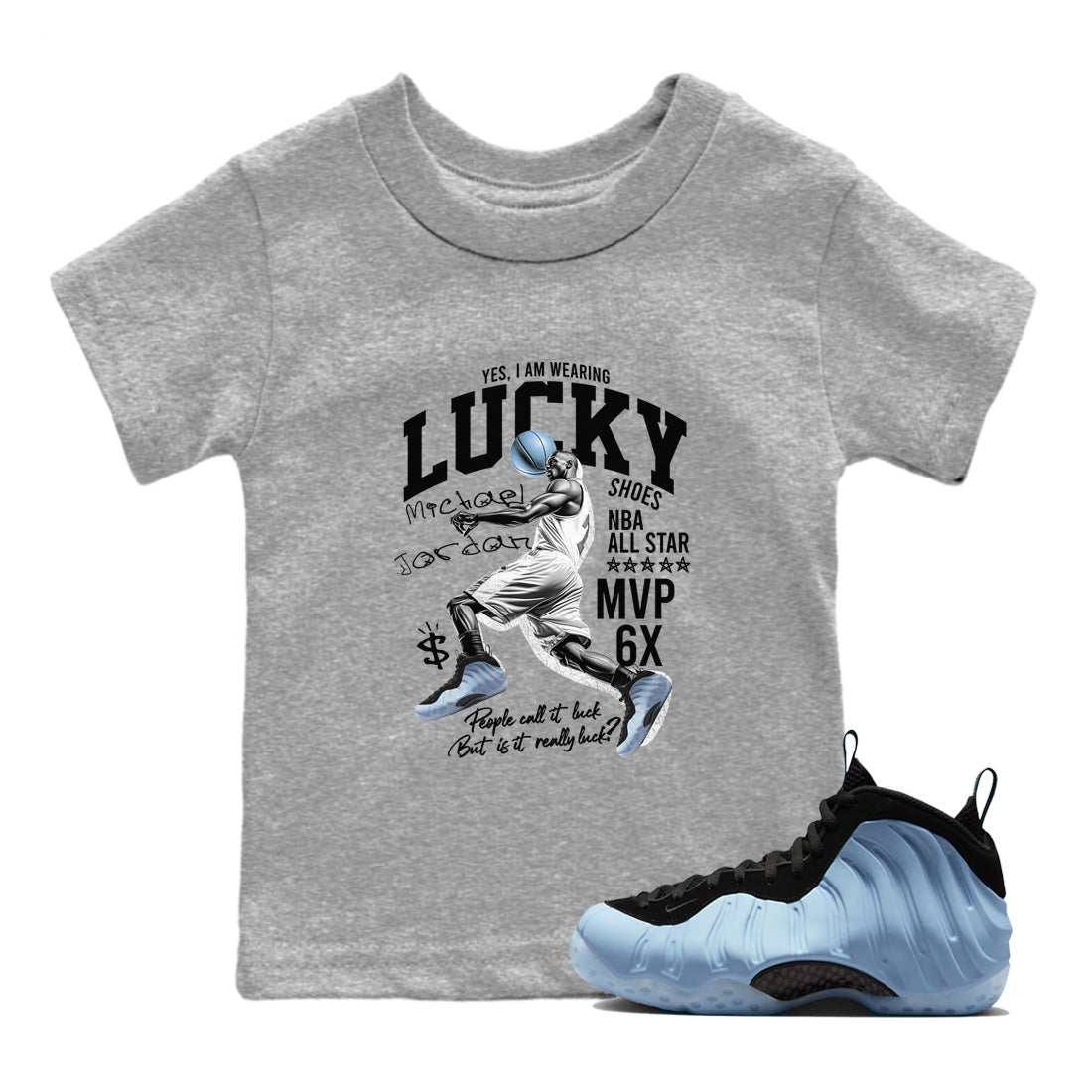 Lucky Player baby and kids t-shirt crafted for little sneakerheads to shine with the Air Foamposite One Psychic Blue sneakers, displayed in Heather Grey 1.