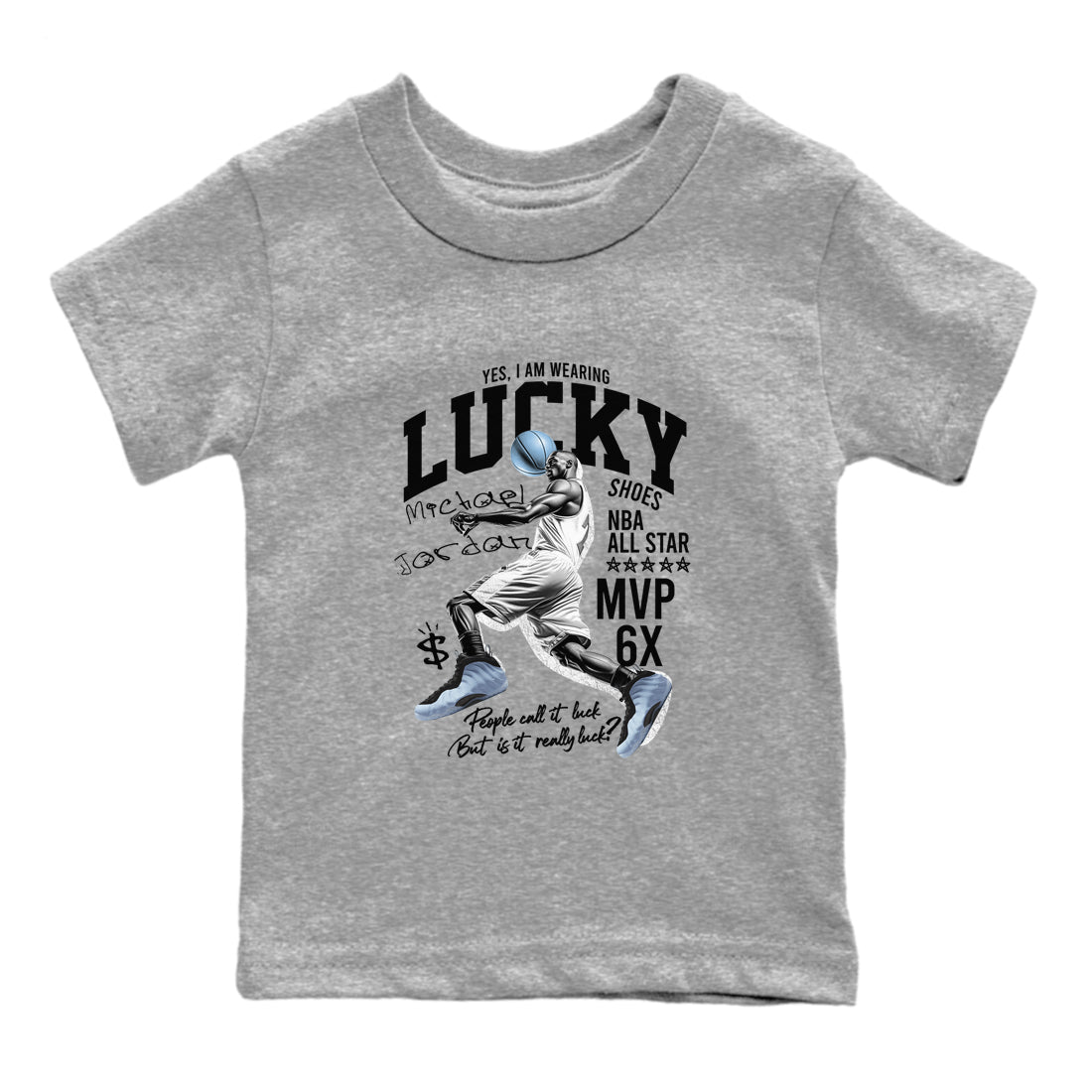 Lucky Player baby and kids t-shirt crafted for little sneakerheads to shine with the Air Foamposite One Psychic Blue sneakers, displayed in Heather Grey 2.