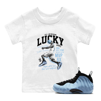 Lucky Player baby and kids t-shirt crafted for little sneakerheads to shine with the Air Foamposite One Psychic Blue sneakers, displayed in White 1.