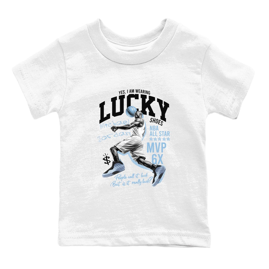 Lucky Player baby and kids t-shirt crafted for little sneakerheads to shine with the Air Foamposite One Psychic Blue sneakers, displayed in White 2.