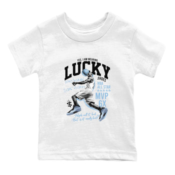 Lucky Player baby and kids t-shirt crafted for little sneakerheads to shine with the Air Foamposite One Psychic Blue sneakers, displayed in White 2.
