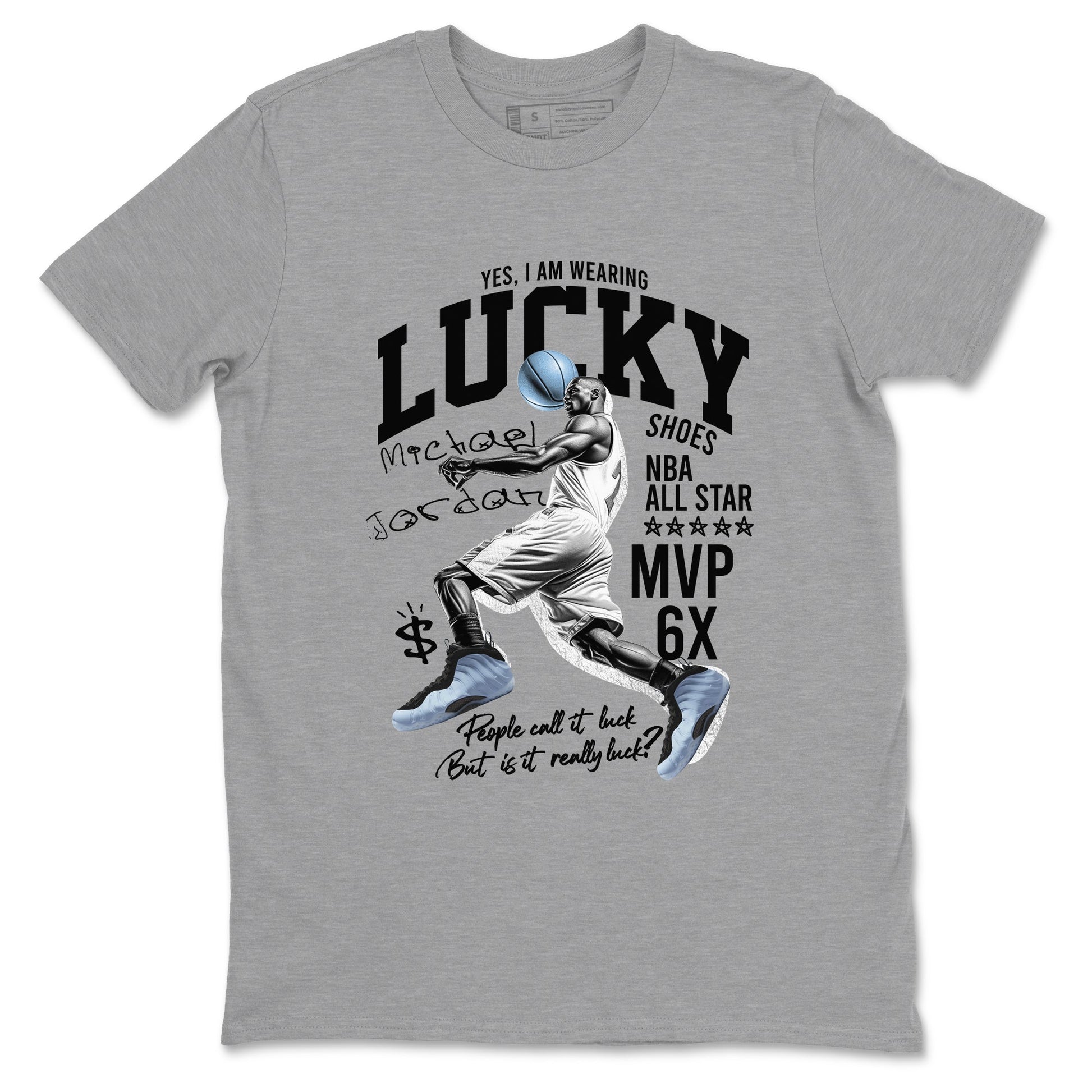 Lucky Player sneaker match t-shirt styled to complete your fit with the Air Foamposite One Psychic Blue sneakers, shown in Heather Grey 2.