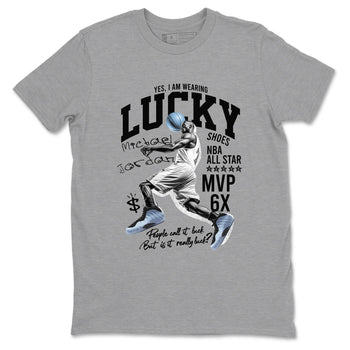 Lucky Player sneaker match t-shirt styled to complete your fit with the Air Foamposite One Psychic Blue sneakers, shown in Heather Grey 2.