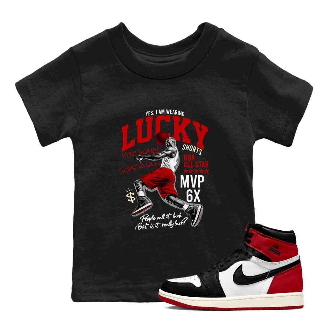 1s Black Toe Reimagined shirts to match jordans Lucky Player best t shirts to wear with jordans AJ1 High OG Black Toe Reimagined match shoes to clothes SNRT Sneaker Tees Youth Baby Black 1 tee