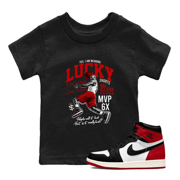 1s Black Toe Reimagined shirts to match jordans Lucky Player best t shirts to wear with jordans AJ1 High OG Black Toe Reimagined match shoes to clothes SNRT Sneaker Tees Youth Baby Black 1 tee