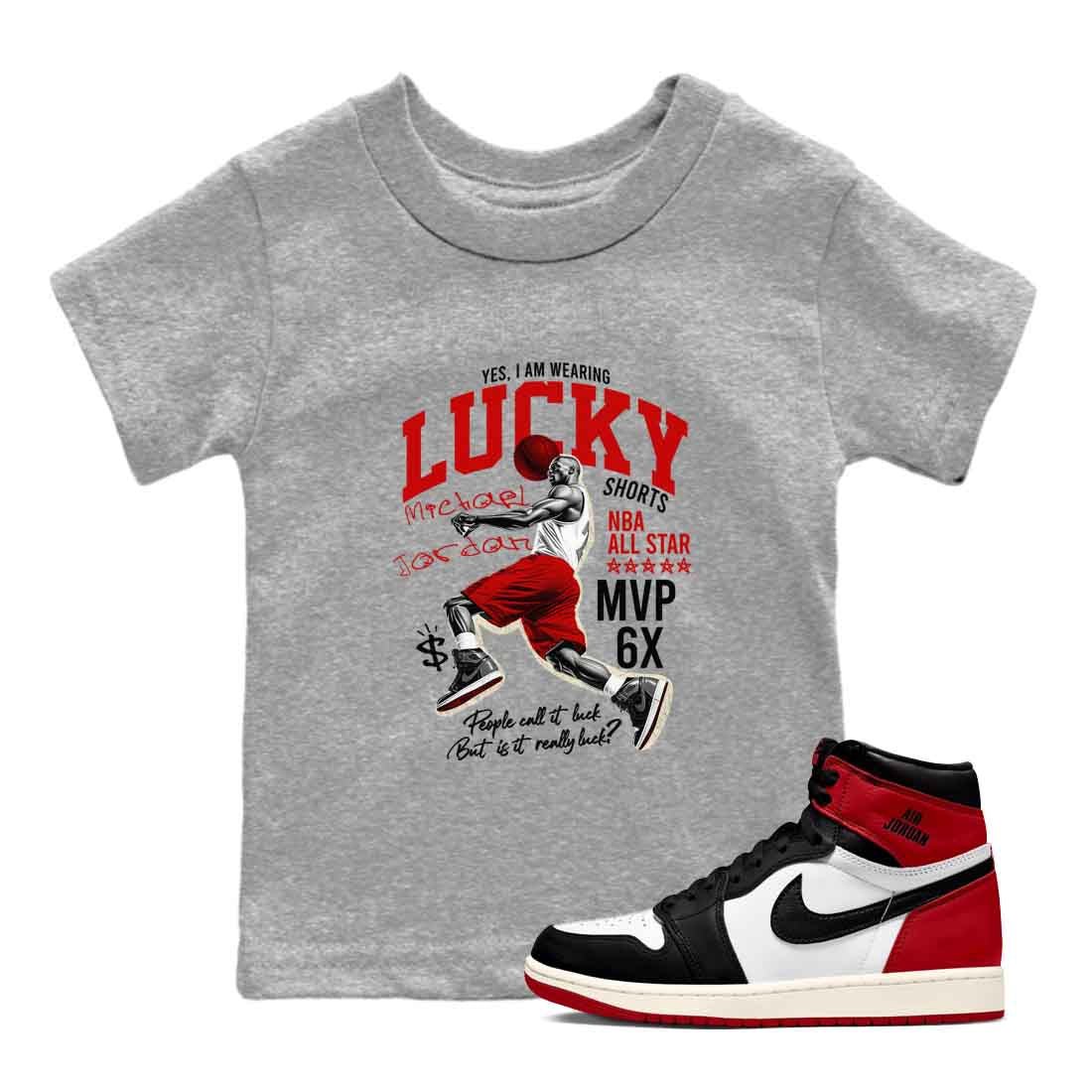 1s Black Toe Reimagined shirts to match jordans Lucky Player best t shirts to wear with jordans AJ1 High OG Black Toe Reimagined match shoes to clothes SNRT Sneaker Tees Youth Baby Heather Grey 1 tee