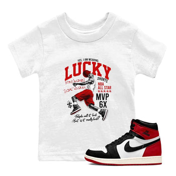 1s Black Toe Reimagined shirts to match jordans Lucky Player best t shirts to wear with jordans AJ1 High OG Black Toe Reimagined match shoes to clothes SNRT Sneaker Tees Youth Baby White 1 tee