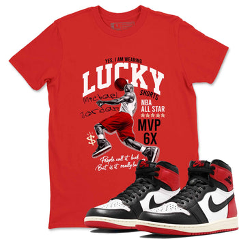 1s Black Toe Reimagined shirts to match jordans Lucky Player best t shirts to wear with jordans AJ1 High OG Black Toe Reimagined match shoes to clothes SNRT Sneaker Tees unisex cotton Red 1 shirts