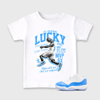 Sneaker match tees – Sneaker Tees To Match Air Jordan 11 University Blue Shoes – Lucky Player Kids T-Shirt White 1