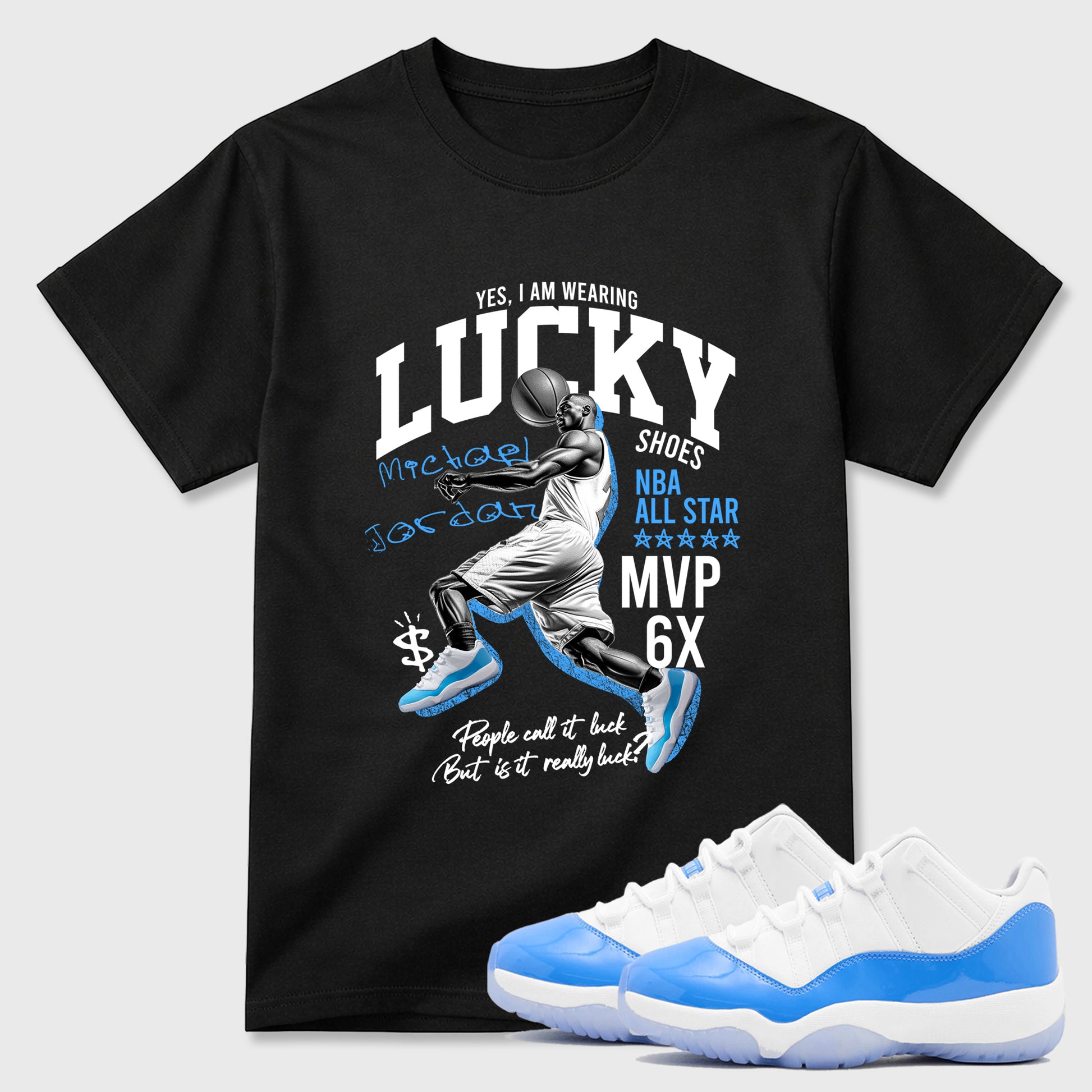 Sneaker match tees – Sneaker Tees To Match Air Jordan 11 University Blue Shoes – Lucky Player Tee Black 1