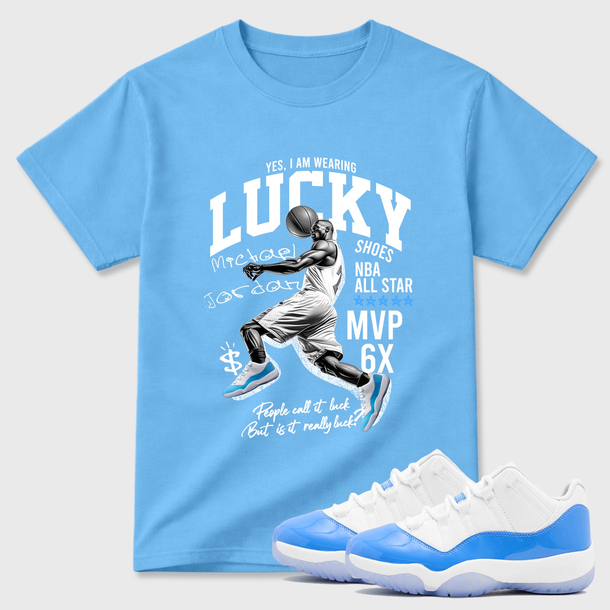 Sneaker match tees – Sneaker Tees To Match Air Jordan 11 University Blue Shoes – Lucky Player Tee Carolina Blue 1