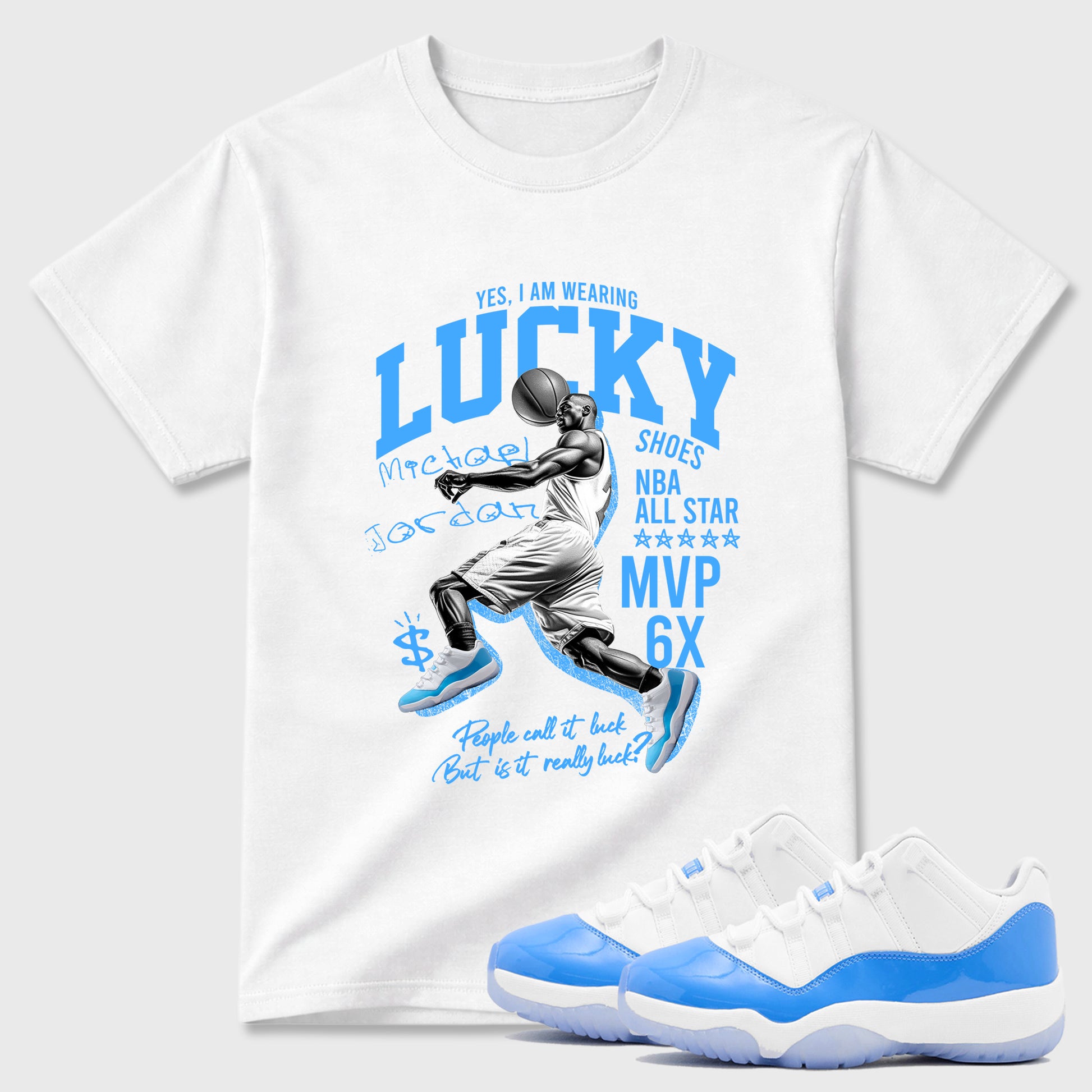 Sneaker match tees – Sneaker Tees To Match Air Jordan 11 University Blue Shoes – Lucky Player Tee White 1