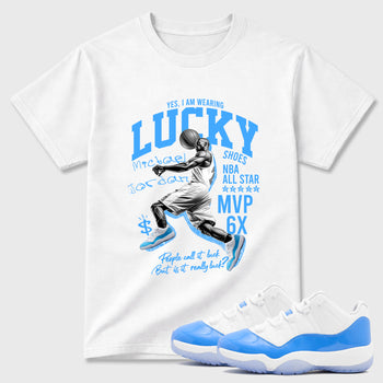 Sneaker match tees – Sneaker Tees To Match Air Jordan 11 University Blue Shoes – Lucky Player Tee White 1