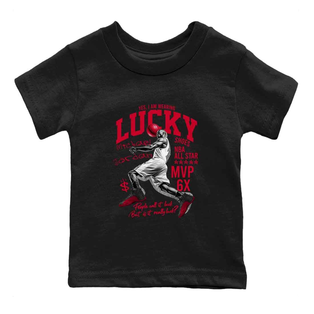 12s Flu Game shirts to match jordans Lucky Player best t shirts to wear with jordans Air Jordan 12 Retro Flu Black and Varsity Red match shoes to clothes SNRT Sneaker Tees Youth Baby Black 2 tee