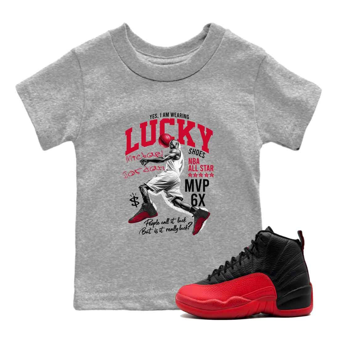 12s Flu Game shirts to match jordans Lucky Player best t shirts to wear with jordans Air Jordan 12 Retro Flu Black and Varsity Red match shoes to clothes SNRT Sneaker Tees Youth Baby Heather Grey 1 tee