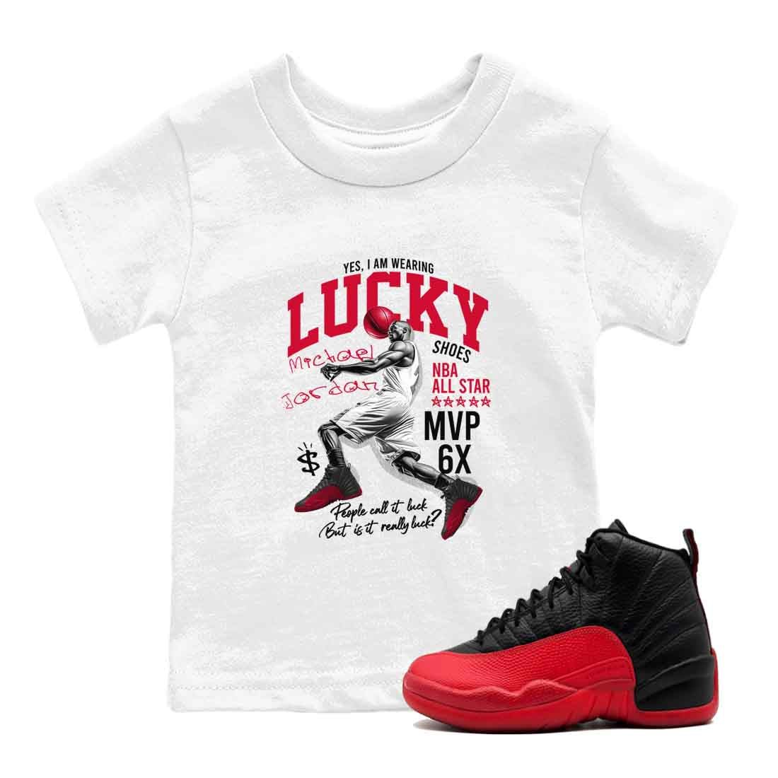 12s Flu Game shirts to match jordans Lucky Player best t shirts to wear with jordans Air Jordan 12 Retro Flu Black and Varsity Red match shoes to clothes SNRT Sneaker Tees Youth Baby White 1 tee