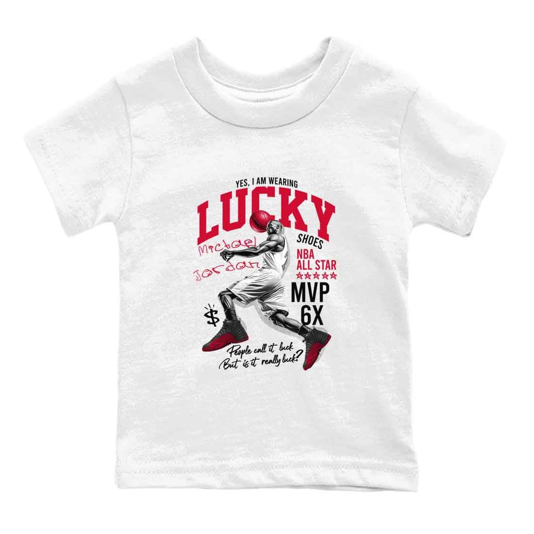 12s Flu Game shirts to match jordans Lucky Player best t shirts to wear with jordans Air Jordan 12 Retro Flu Black and Varsity Red match shoes to clothes SNRT Sneaker Tees Youth Baby White 2 tee