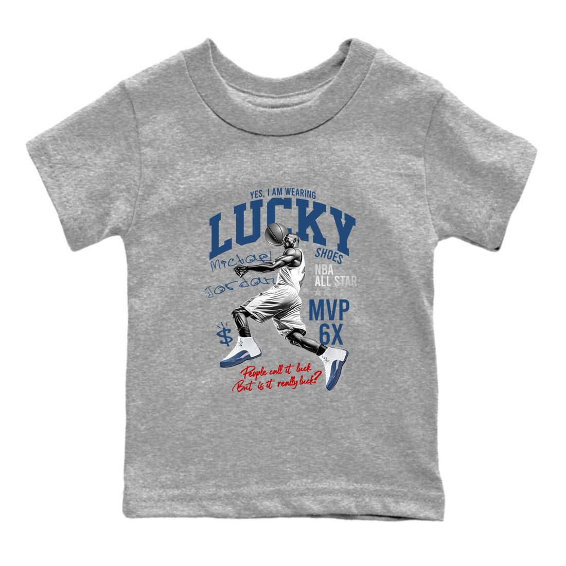 Sneaker match tees – Sneaker Tees To Match Air Jordan 12 French Blue Shoes – Lucky Player Kids T-Shirt Heather Grey 2