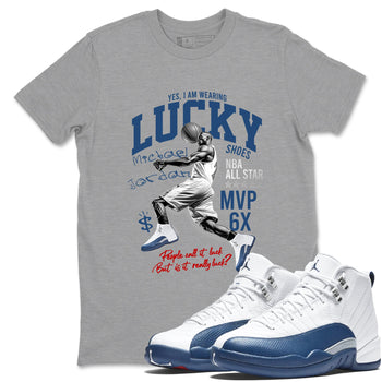 Sneaker match tees – Sneaker Tees To Match Air Jordan 12 French Blue Shoes – Lucky Player Tee Heather Grey 1