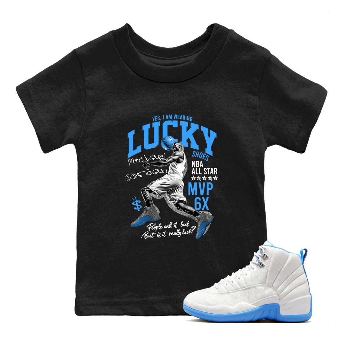 Lucky Player baby and kids t-shirt crafted for little sneakerheads to shine with the Air Jordan 12 White and University Blue sneakers, displayed in Black 1.
