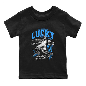 Lucky Player baby and kids t-shirt crafted for little sneakerheads to shine with the Air Jordan 12 White and University Blue sneakers, displayed in Black 2.