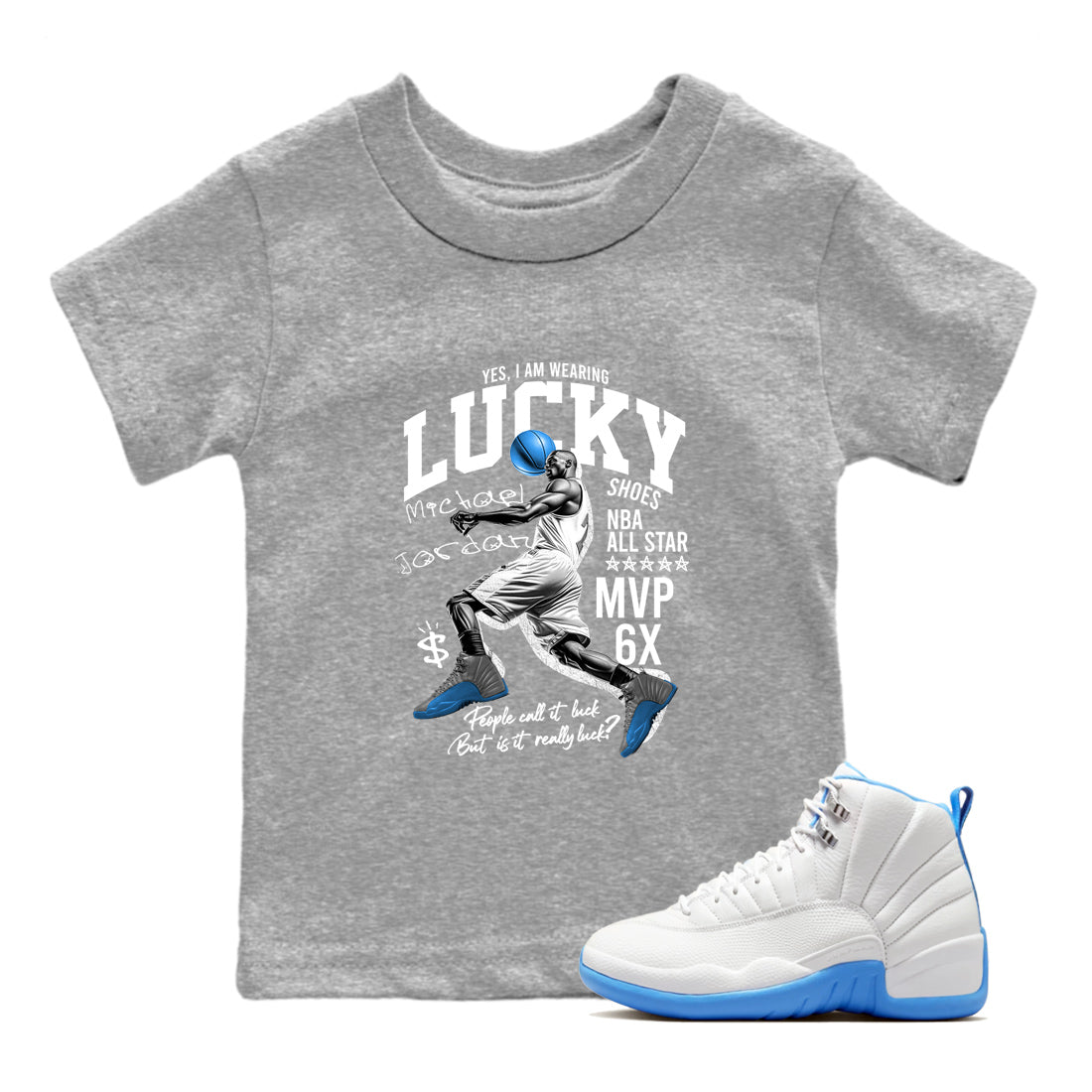 Lucky Player baby and kids t-shirt crafted for little sneakerheads to shine with the Air Jordan 12 White and University Blue sneakers, displayed in Heather Grey 1.