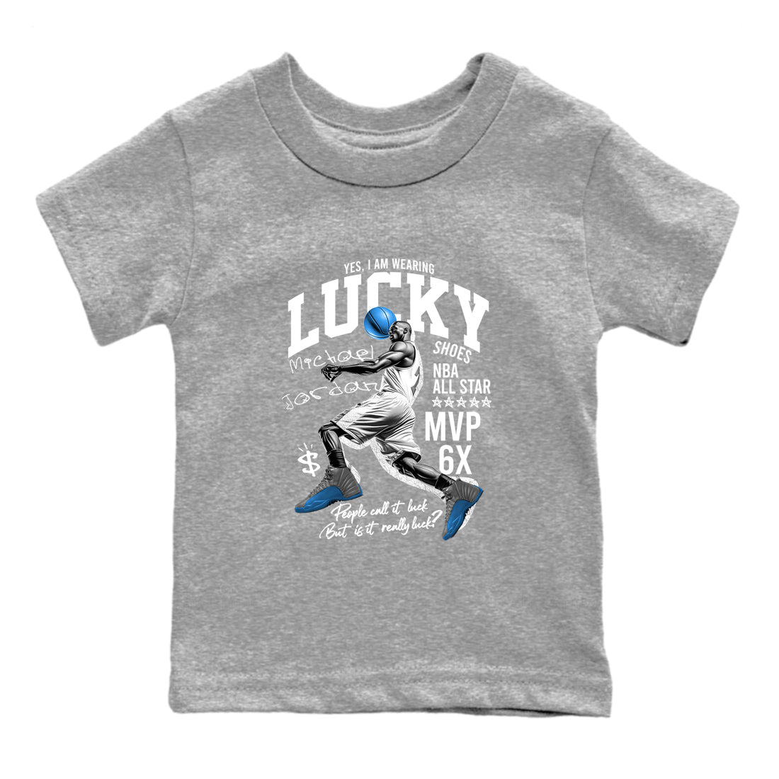 Lucky Player baby and kids t-shirt crafted for little sneakerheads to shine with the Air Jordan 12 White and University Blue sneakers, displayed in Heather Grey 2.