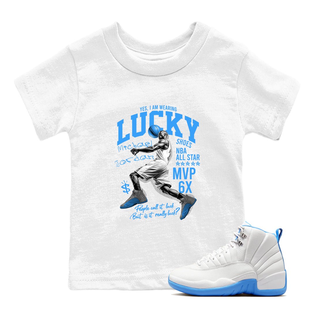 Lucky Player baby and kids t-shirt crafted for little sneakerheads to shine with the Air Jordan 12 White and University Blue sneakers, displayed in White 1.