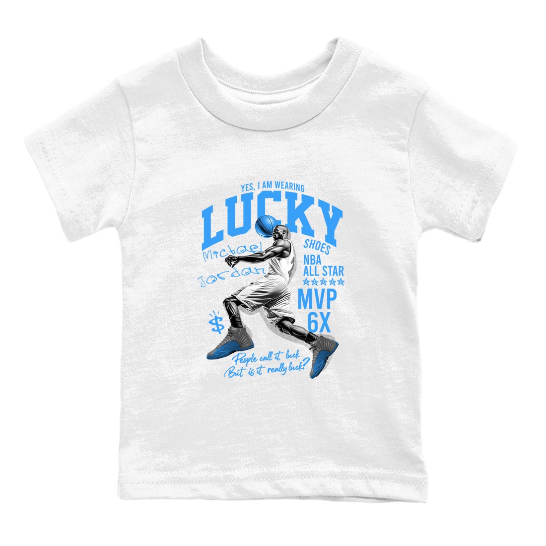 Lucky Player baby and kids t-shirt crafted for little sneakerheads to shine with the Air Jordan 12 White and University Blue sneakers, displayed in White 2.