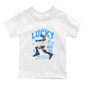 Lucky Player baby and kids t-shirt crafted for little sneakerheads to shine with the Air Jordan 12 White and University Blue sneakers, displayed in White 2.