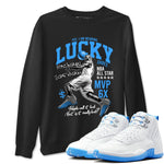 Lucky Player sneaker match t-shirt styled to complete your fit with the Air Jordan 12 White and University Blue sneakers, shown in Black 1.
