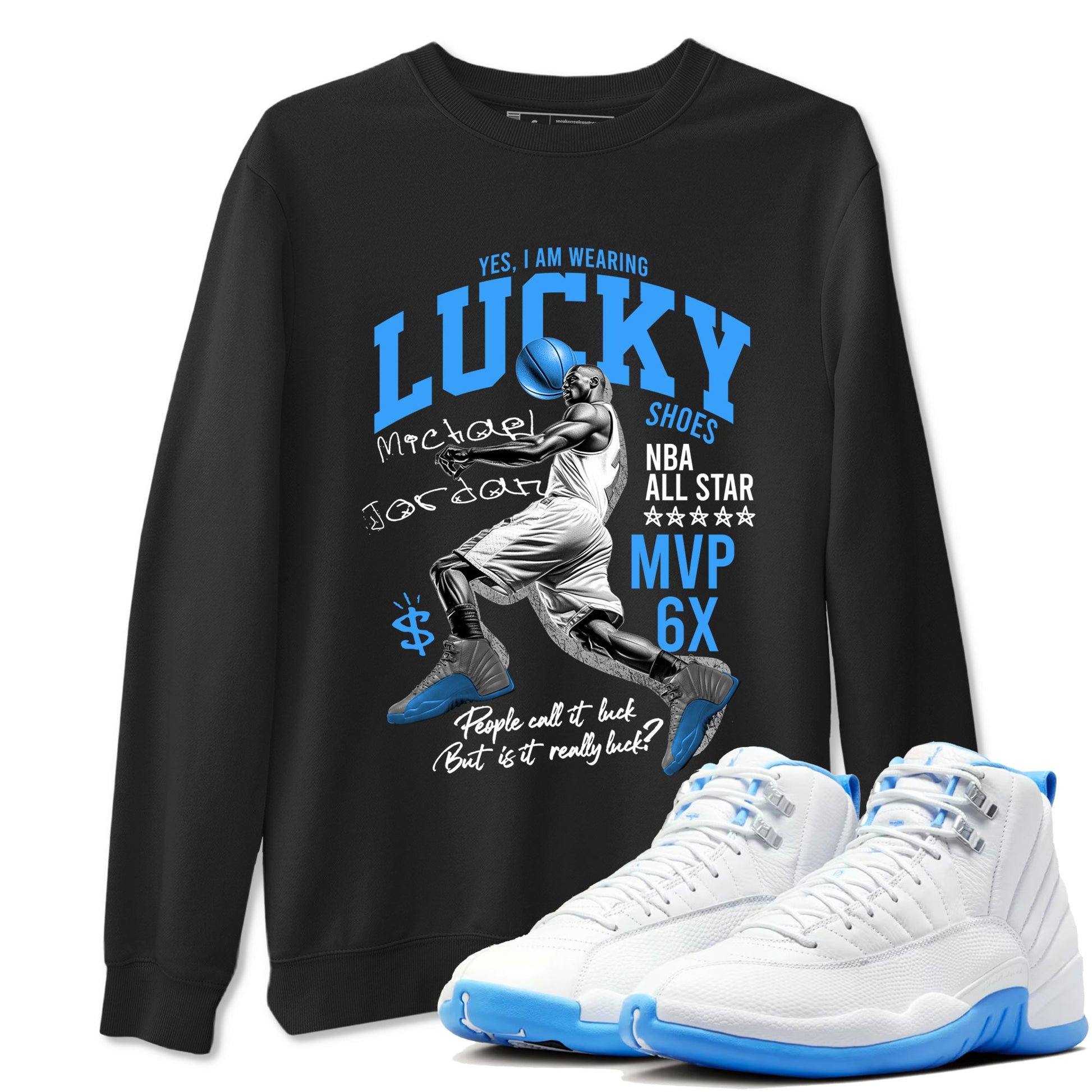 Lucky Player sneaker match t-shirt styled to complete your fit with the Air Jordan 12 White and University Blue sneakers, shown in Black 1.