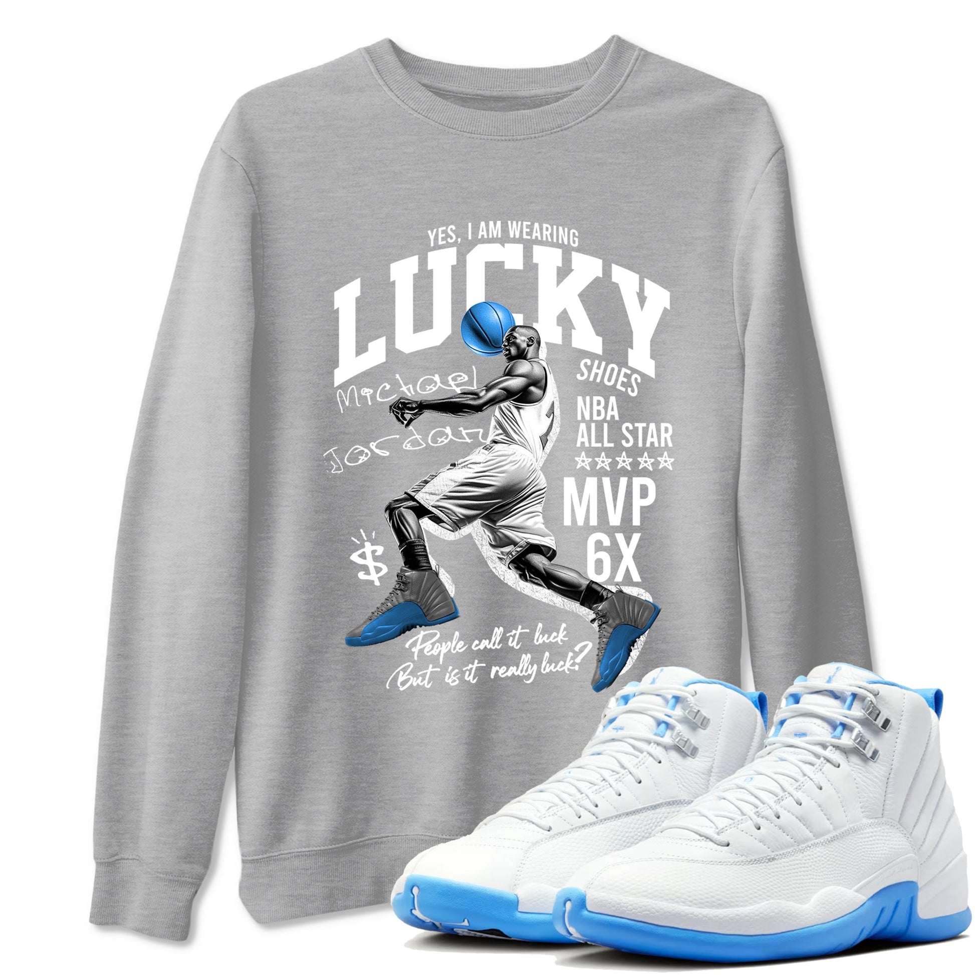 Lucky Player sneaker match t-shirt styled to complete your fit with the Air Jordan 12 White and University Blue sneakers, shown in Heather Grey 1.