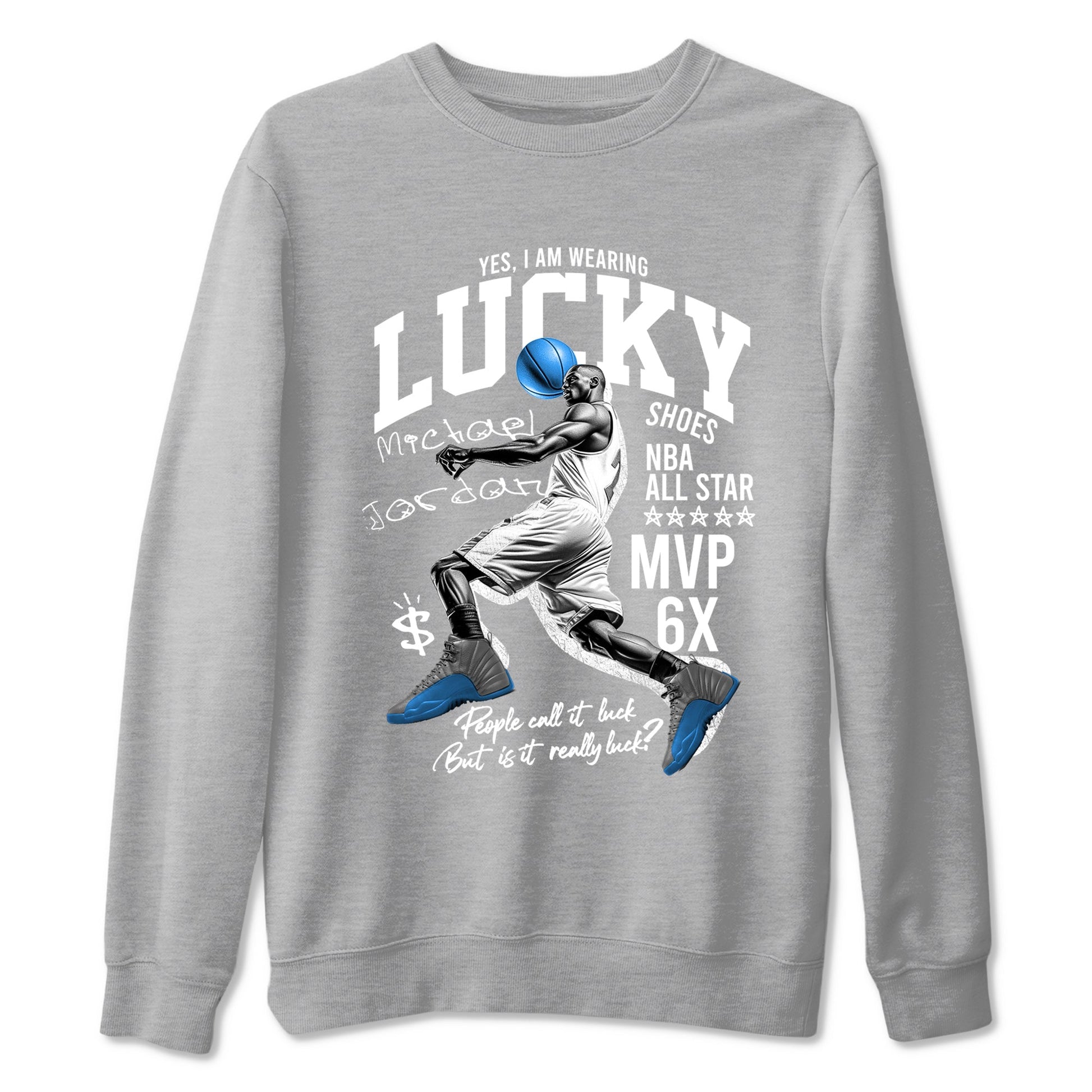 Lucky Player sneaker match t-shirt styled to complete your fit with the Air Jordan 12 White and University Blue sneakers, shown in Heather Grey 2.