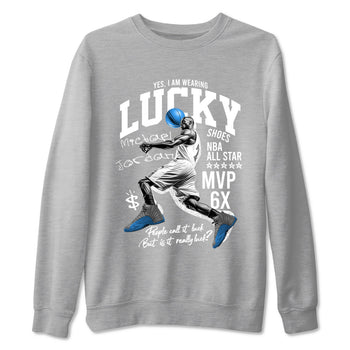 Lucky Player sneaker match t-shirt styled to complete your fit with the Air Jordan 12 White and University Blue sneakers, shown in Heather Grey 2.