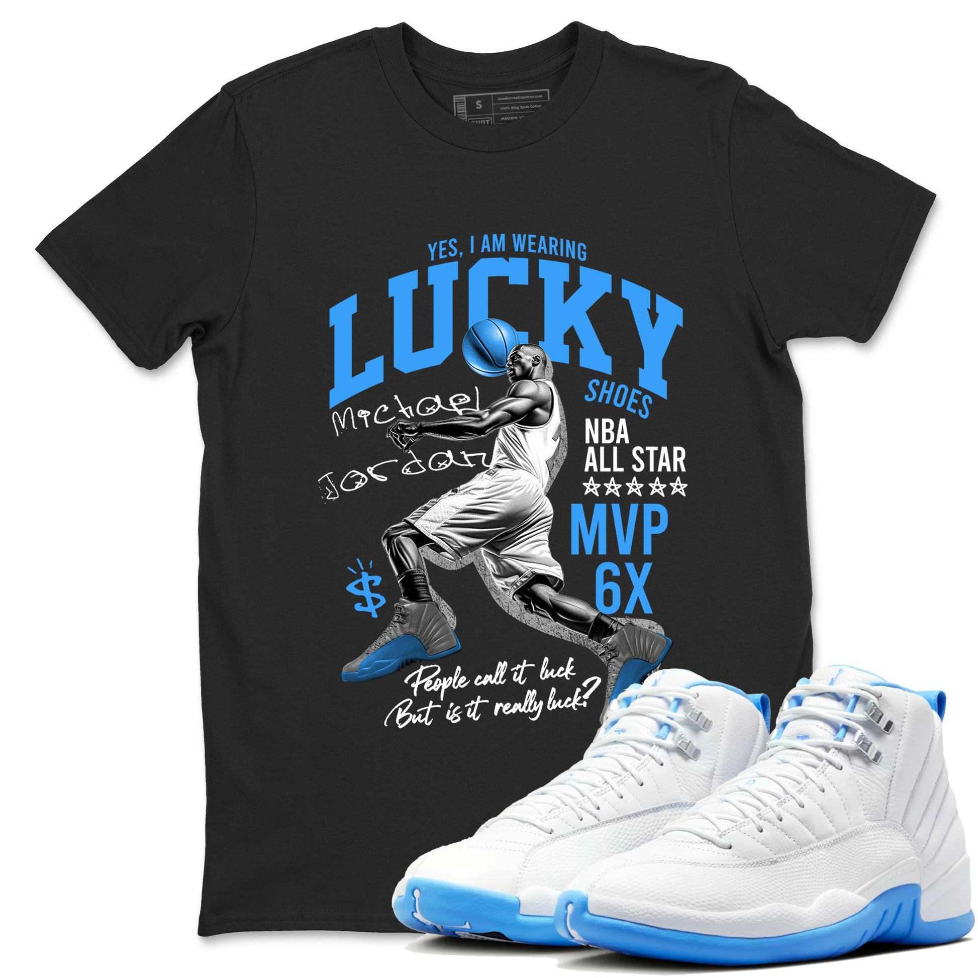 Lucky Player sneaker match t-shirt styled to complete your fit with the Air Jordan 12 White and University Blue sneakers, shown in Black 1.