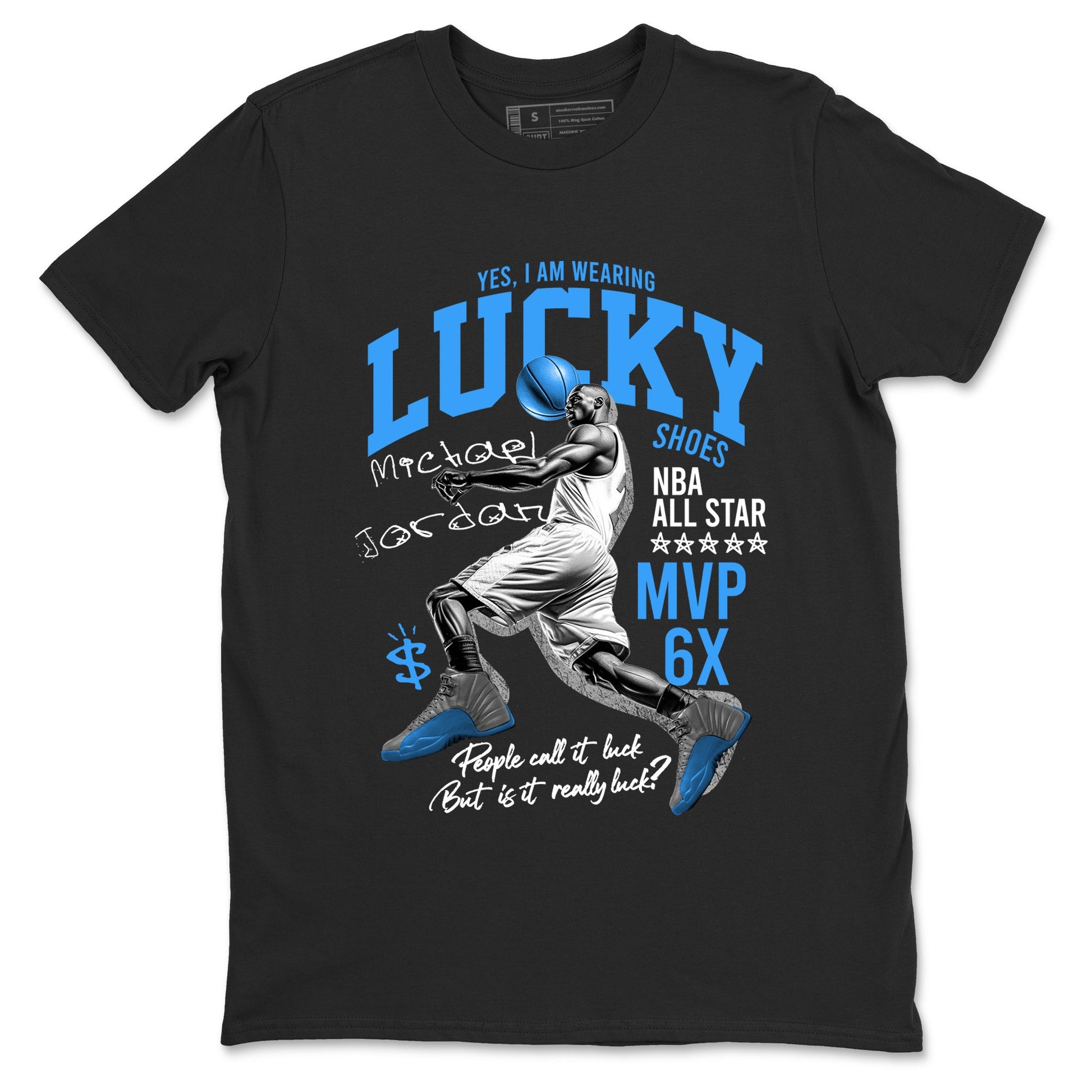 Lucky Player sneaker match t-shirt styled to complete your fit with the Air Jordan 12 White and University Blue sneakers, shown in Black 2.