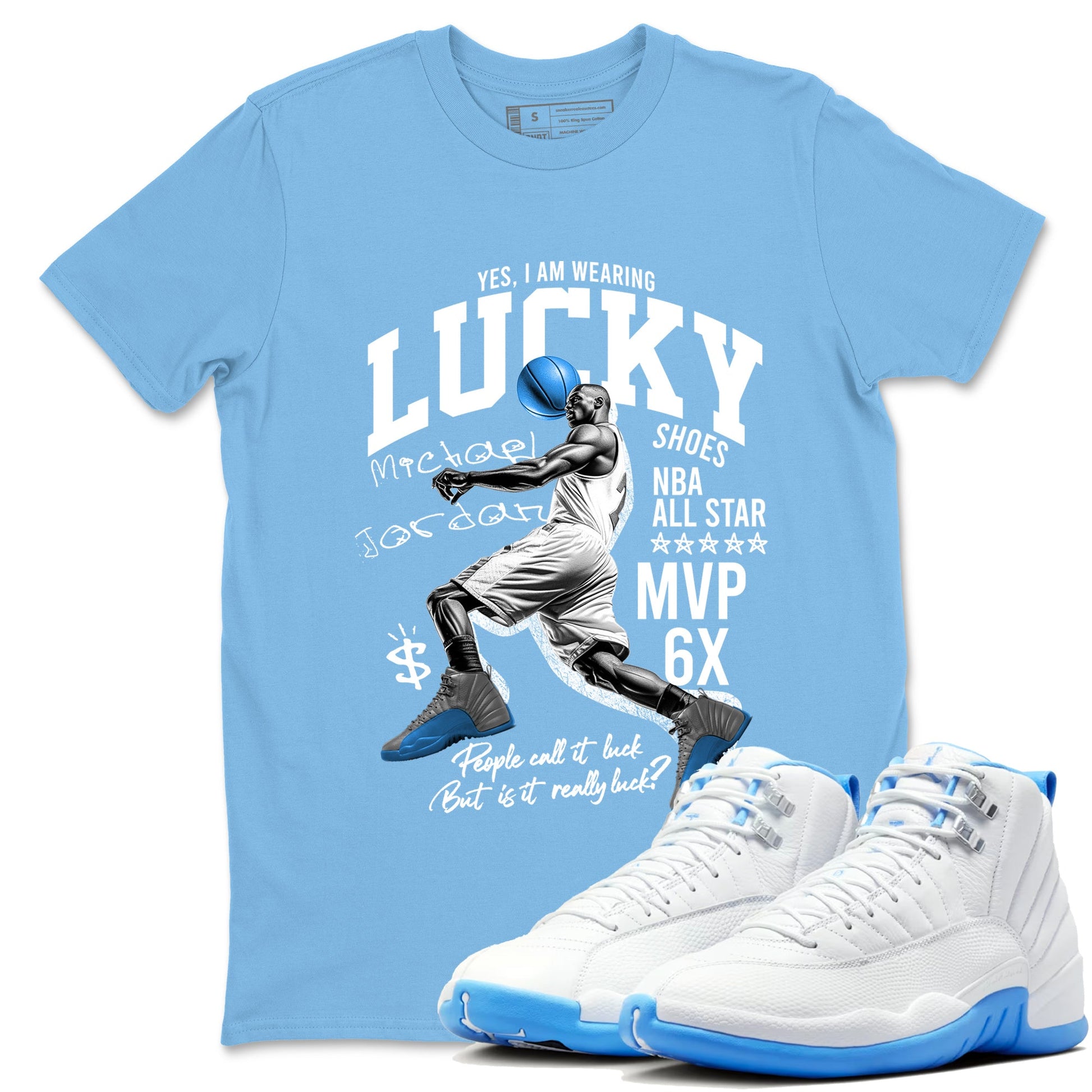Lucky Player sneaker match t-shirt styled to complete your fit with the Air Jordan 12 White and University Blue sneakers, shown in Carolina Blue 1.