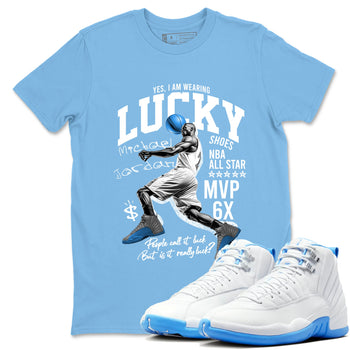 Lucky Player sneaker match t-shirt styled to complete your fit with the Air Jordan 12 White and University Blue sneakers, shown in Carolina Blue 1.