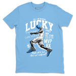 Lucky Player sneaker match t-shirt styled to complete your fit with the Air Jordan 12 White and University Blue sneakers, shown in Carolina Blue 2.