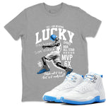 Lucky Player sneaker match t-shirt styled to complete your fit with the Air Jordan 12 White and University Blue sneakers, shown in Heather Grey 1.