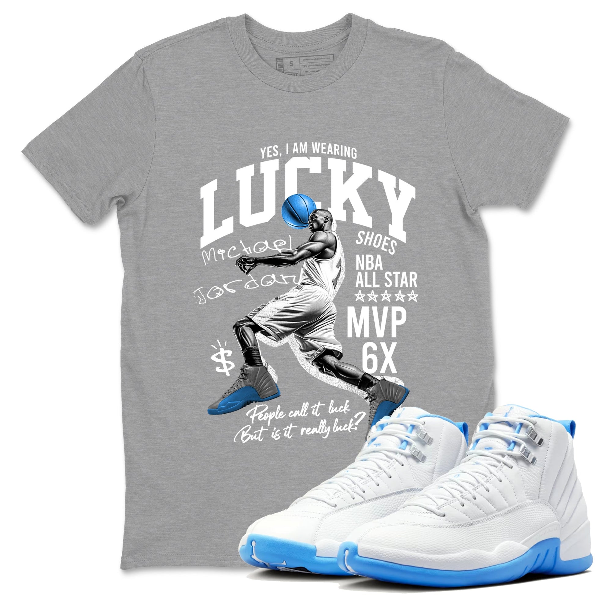 Lucky Player sneaker match t-shirt styled to complete your fit with the Air Jordan 12 White and University Blue sneakers, shown in Heather Grey 1.