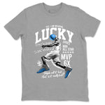 Lucky Player sneaker match t-shirt styled to complete your fit with the Air Jordan 12 White and University Blue sneakers, shown in Heather Grey 2.