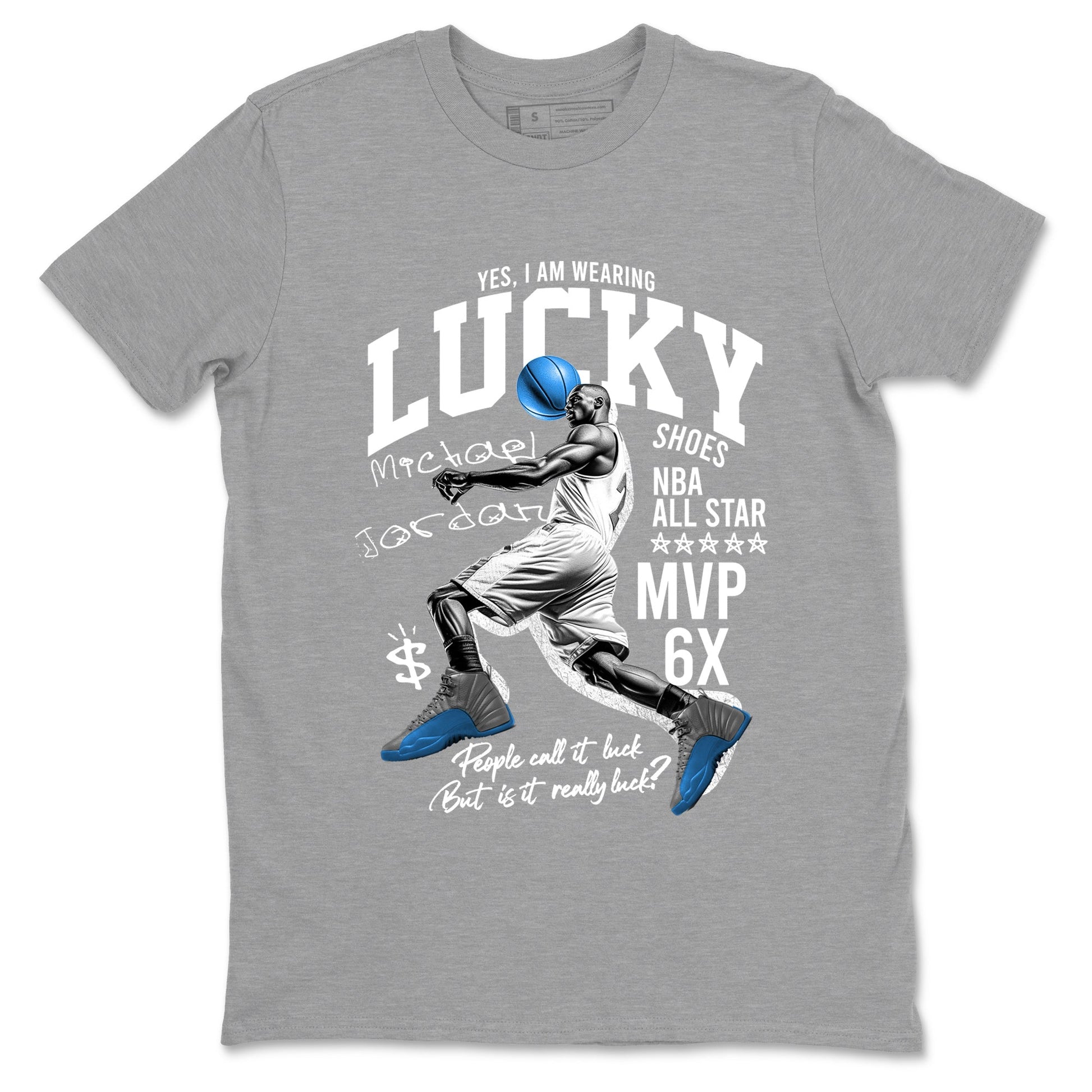 Lucky Player sneaker match t-shirt styled to complete your fit with the Air Jordan 12 White and University Blue sneakers, shown in Heather Grey 2.