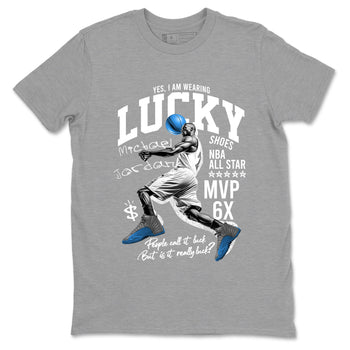 Lucky Player sneaker match t-shirt styled to complete your fit with the Air Jordan 12 White and University Blue sneakers, shown in Heather Grey 2.