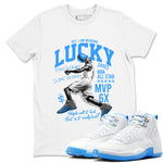 Lucky Player sneaker match t-shirt styled to complete your fit with the Air Jordan 12 White and University Blue sneakers, shown in White 1.