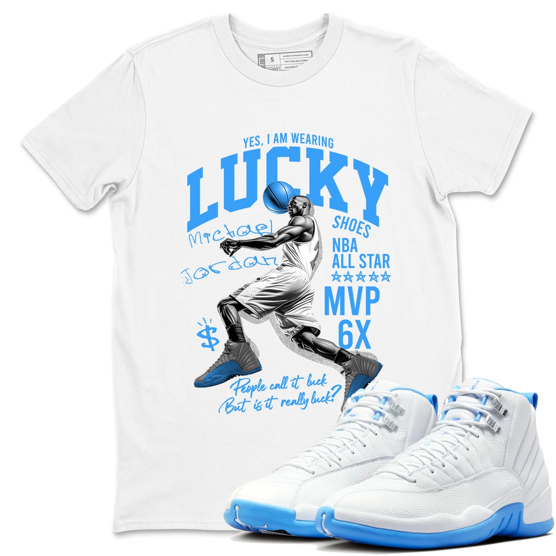 Lucky Player sneaker match t-shirt styled to complete your fit with the Air Jordan 12 White and University Blue sneakers, shown in White 1.