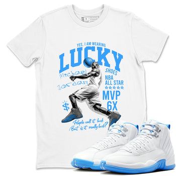 Lucky Player sneaker match t-shirt styled to complete your fit with the Air Jordan 12 White and University Blue sneakers, shown in White 1.