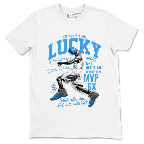 Lucky Player sneaker match t-shirt styled to complete your fit with the Air Jordan 12 White and University Blue sneakers, shown in White 2.