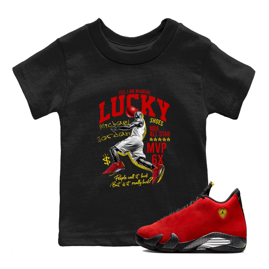 Lucky Player baby and kids t-shirt crafted for little sneakerheads to shine with the Air Jordan 14 Challenge Red sneakers, AJ14 Ferrari,  displayed in Black 1.